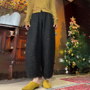 黑色亮闪闪时尚大码宽松弯刀裤女2025冬季新款韩版设计感星空裤子