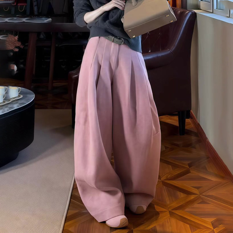 欧货高端定制粉红色毛呢大码阔腿裤女2025冬季新款加厚慵懒弯刀裤,女装/女士精品,大码裤装,淘宝优惠券,粉丝福利购,淘宝优惠卷