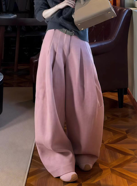 欧货高端定制粉红色毛呢大码阔腿裤女2025冬季新款加厚慵懒弯刀裤