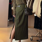 欧货高端定制橄榄绿大码 半身裙女2026春夏新款 轻熟风直筒A字裙杏