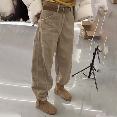 高端定制卡其色灯芯绒大码阔腿裤