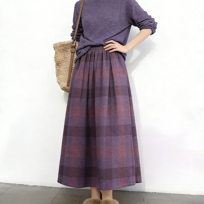 欧货高端定制紫红色格纹大码半身裙女2026早春新款复古风A字裙子,女装/女士精品,大码半身裙,淘宝优惠券,粉丝福利购,淘宝优惠卷