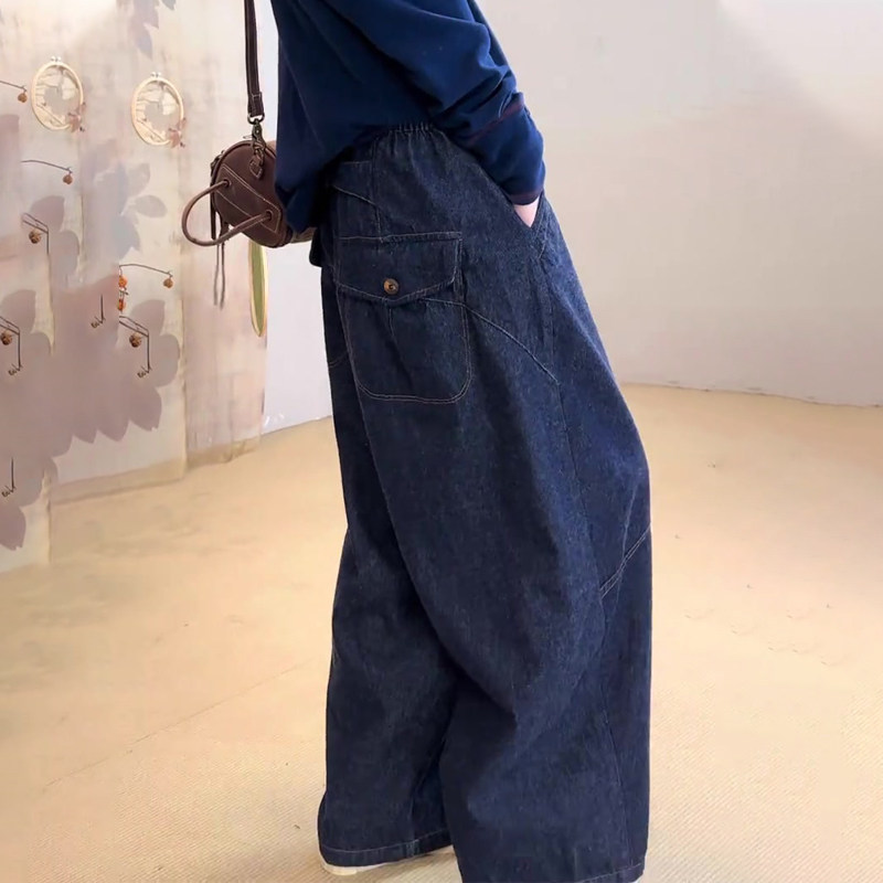 欧货高端定制深蓝色大码阔腿裤女2025秋季新款明线装饰百搭休闲裤,女装/女士精品,大码裤装,淘宝优惠券,粉丝福利购,淘宝优惠卷