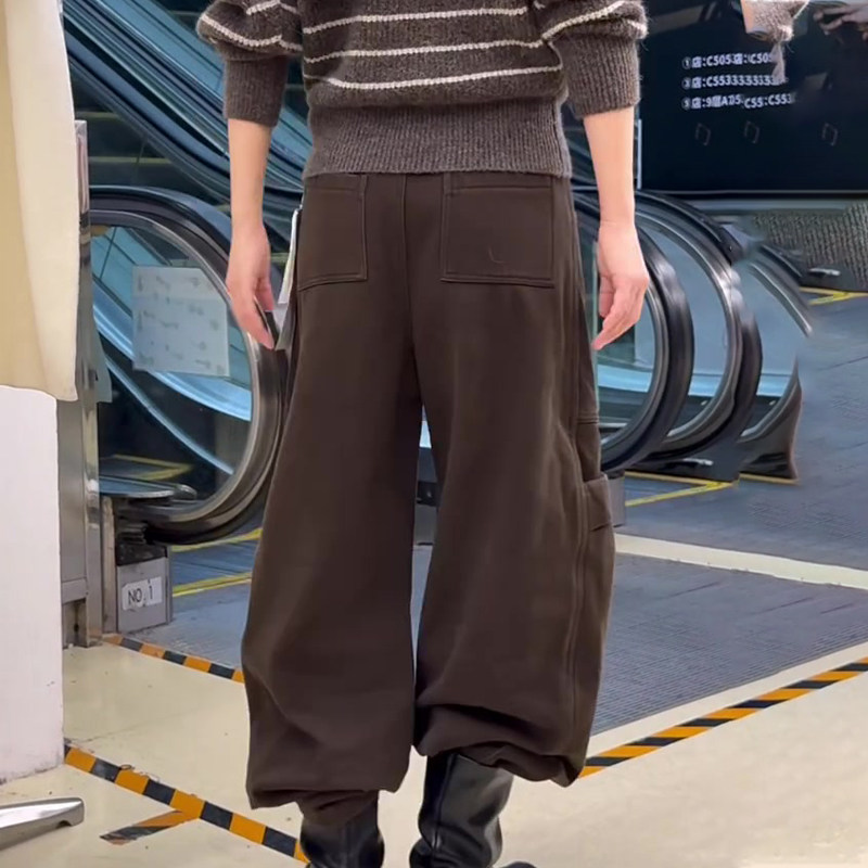 欧货高端定制棕色毛呢大码阔腿裤女2026早春新款多口袋休闲工装裤,女装/女士精品,大码裤装,淘宝优惠券,粉丝福利购,淘宝优惠卷