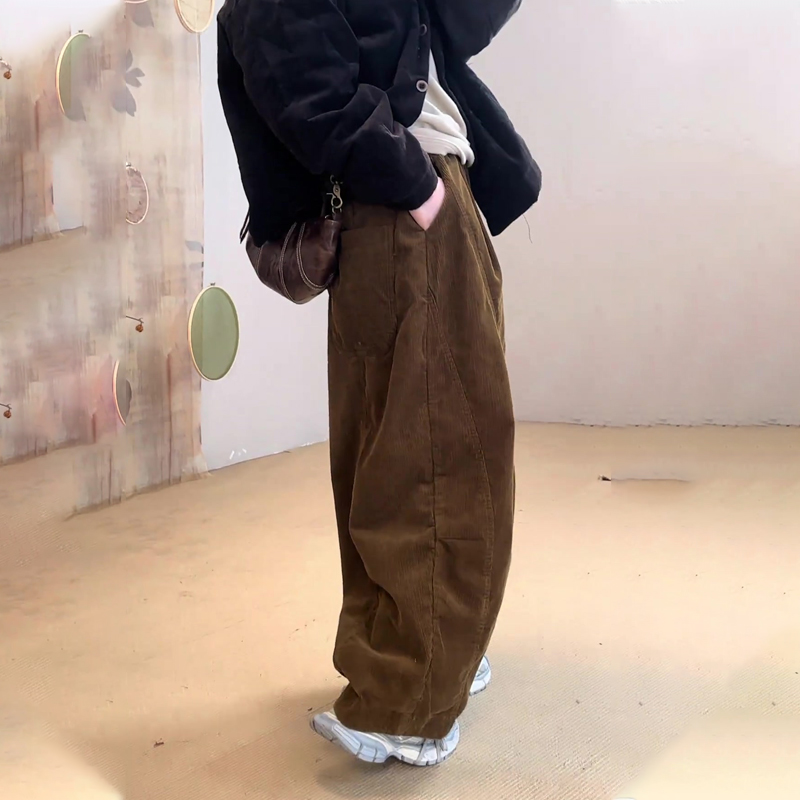 欧货高端定制栗色灯芯绒阔腿裤女