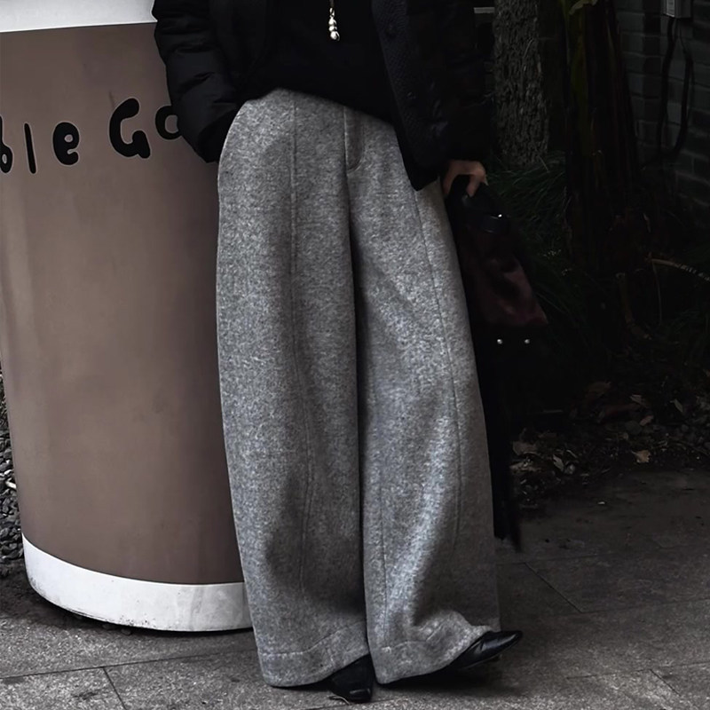高端定制花灰色毛呢大码阔腿裤女