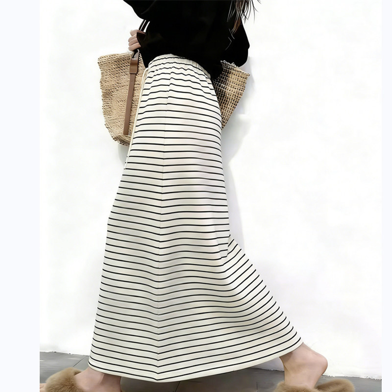 欧货高端定制米白色条纹大码半身裙女2026早春新款抽绳慵懒A字裙,女装/女士精品,大码半身裙,淘宝优惠券,粉丝福利购,淘宝优惠卷