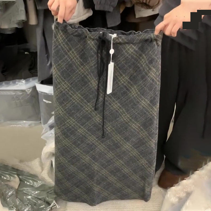 高端定制灰绿色毛呢格纹半身裙女