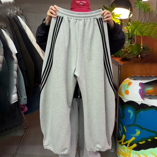 高端定制浅灰色束脚大码阔腿裤女