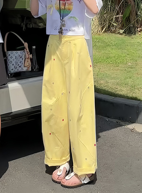 淡黄色波点设计感流行大码阔腿裤女2025秋季新款百搭休闲风直筒裤