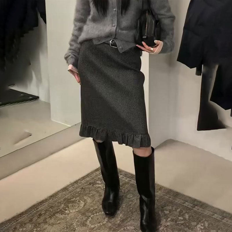 定制灰色毛呢花边大码半身裙女