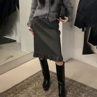 定制灰色毛呢花边大码半身裙女
