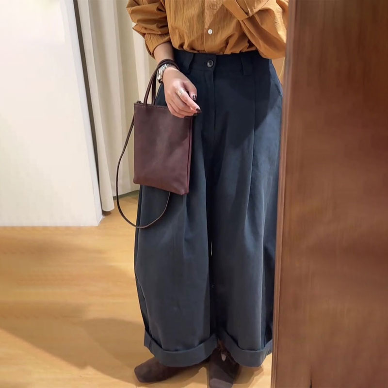 高端定制藏蓝色大码褶皱阔腿裤女