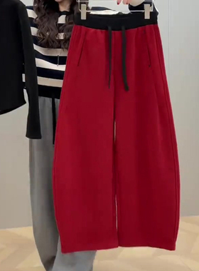 红色高腰运动休闲风卫裤女2025秋冬新款街头百搭慵懒风阔腿弯刀裤