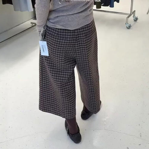 定制咖色格子毛呢大码阔腿裤女