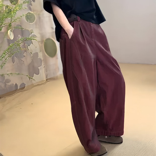 感舒适棉麻大码 显瘦休闲风直筒裤 阔腿裤 新款 女2025秋季 酒红色时尚