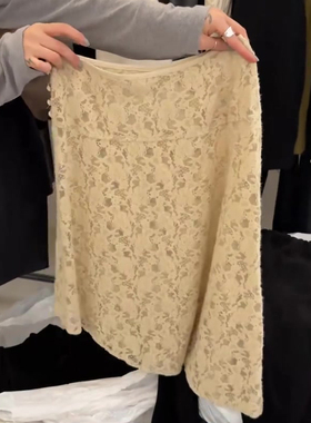 高端定制奶黄色镂空钩花半身裙女2025冬季新款加厚轻奢风A字裙子
