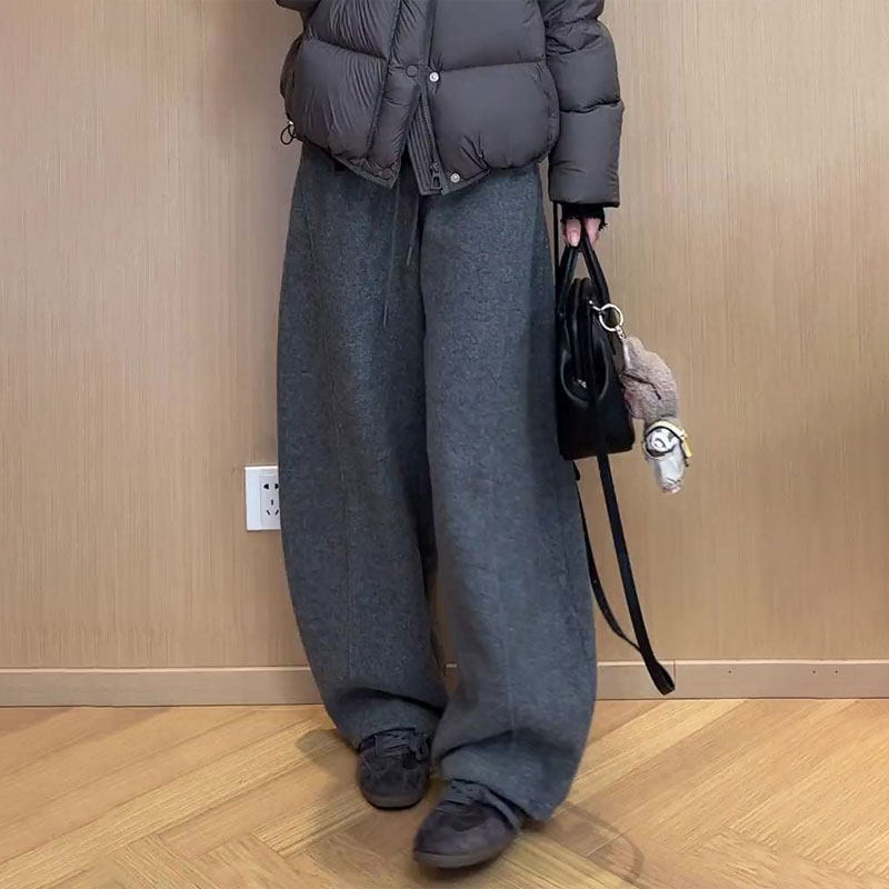 高端定制灰色毛呢大码阔腿裤女2025秋冬新款加厚拉链口袋弯刀裤子,女装/女士精品,大码裤装,淘宝优惠券,粉丝福利购,淘宝优惠卷