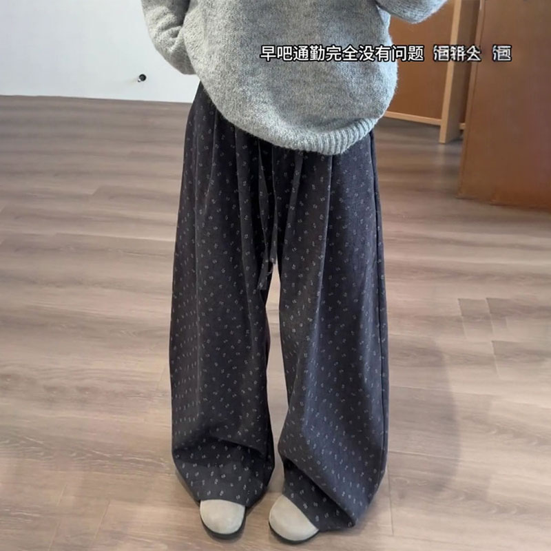 欧货高端藏青色碎花大码阔腿裤女