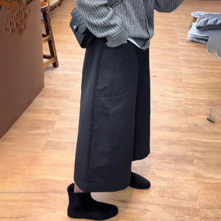 黑色小个子九分阔腿裤女2025冬季新款韩版高腰遮肉慵懒风直筒裤子