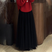 新款 欧货高端定制黑色网纱大码 半身裙女2025冬季 加厚温柔风大摆裙