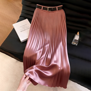 轻熟风百褶裙子 新款 欧货高端定制豆沙粉大码 缎面半身裙女2026夏季