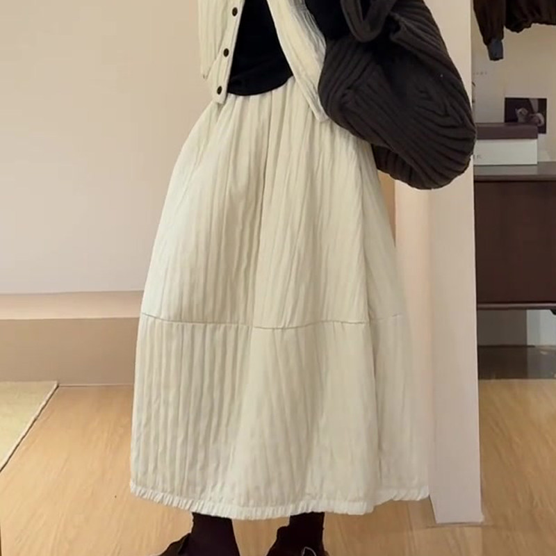 高端定制米白色压褶大码半身裙女