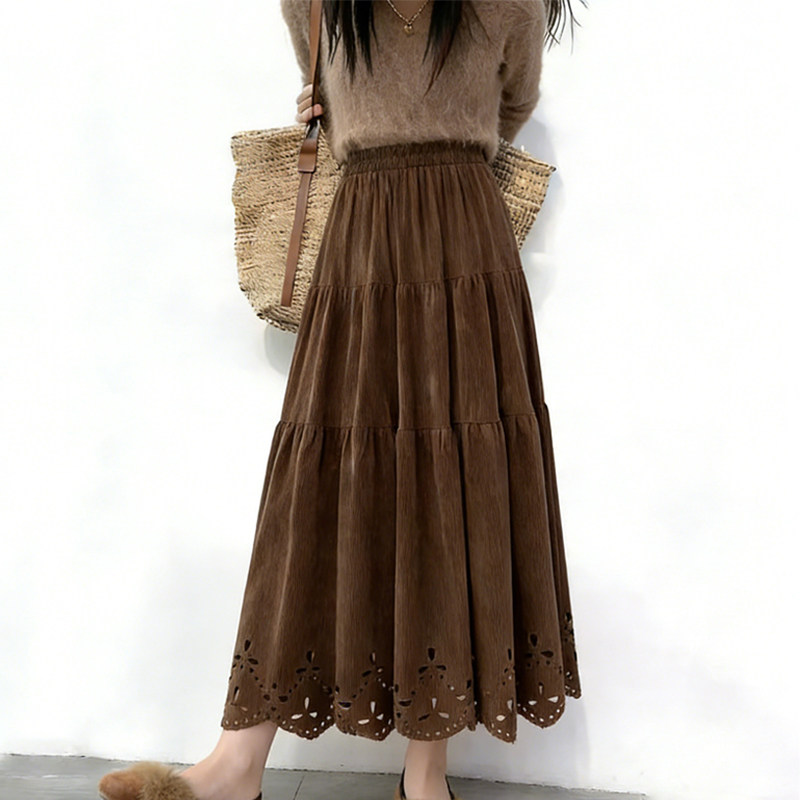 欧货高端定制棕色灯芯绒大码半身裙女2026早春新款轻熟镂空大摆裙,女装/女士精品,大码半身裙,淘宝优惠券,粉丝福利购,淘宝优惠卷