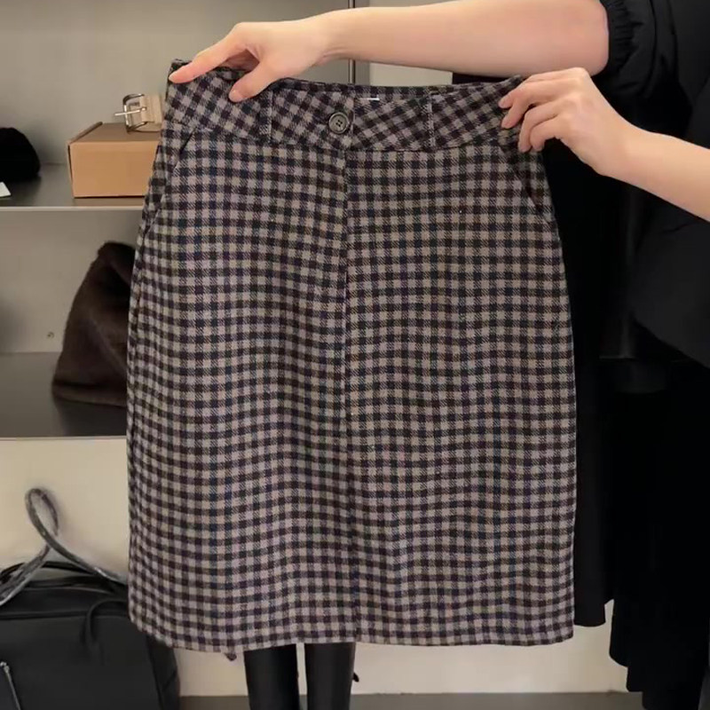 高端定制咖灰色大码格纹半身裙女