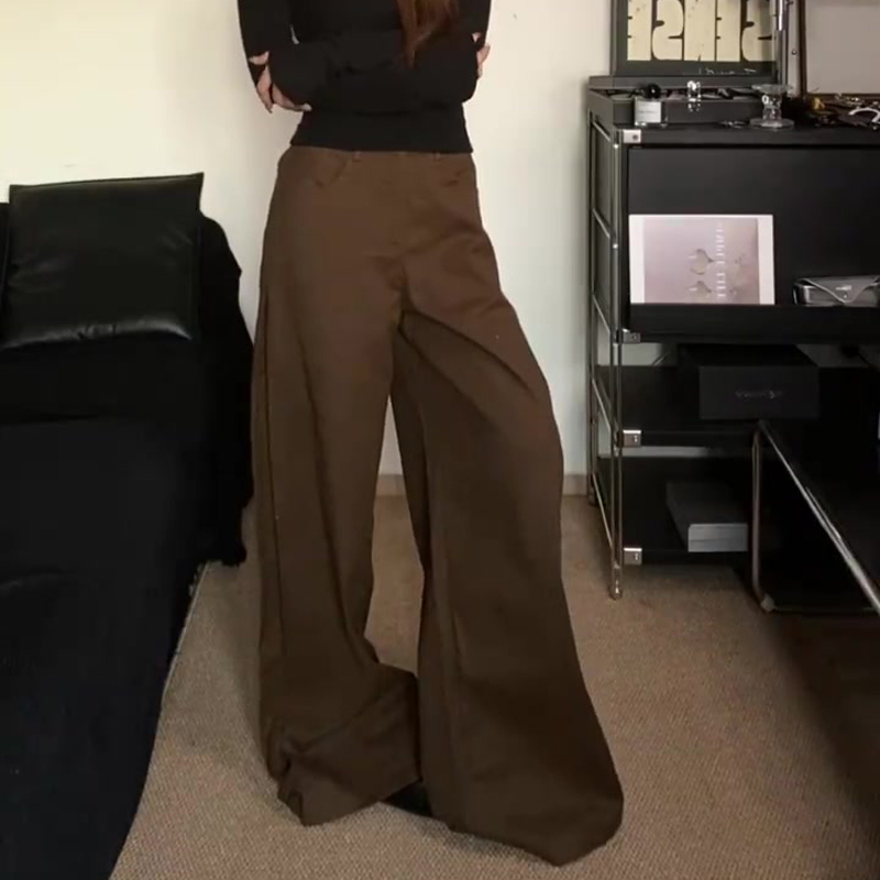 欧货高端定制深棕色大码阔腿裤女