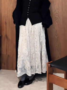 欧货高端定制白色大码半身裙女2025冬季新款加厚蕾丝钩花A字裙子
