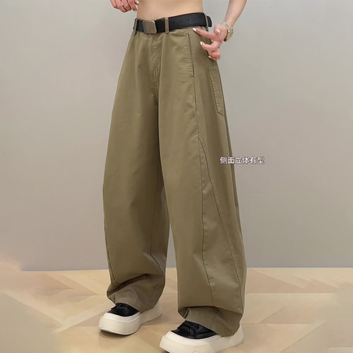欧货正品卡其色宽松休闲风阔腿裤