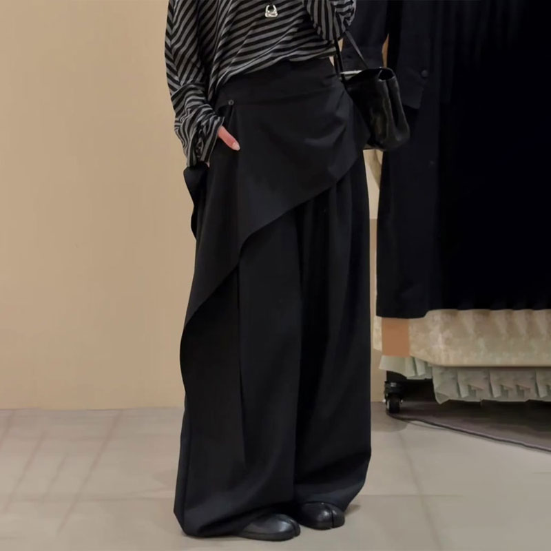 高端定制黑色挡片式大码阔腿裤女