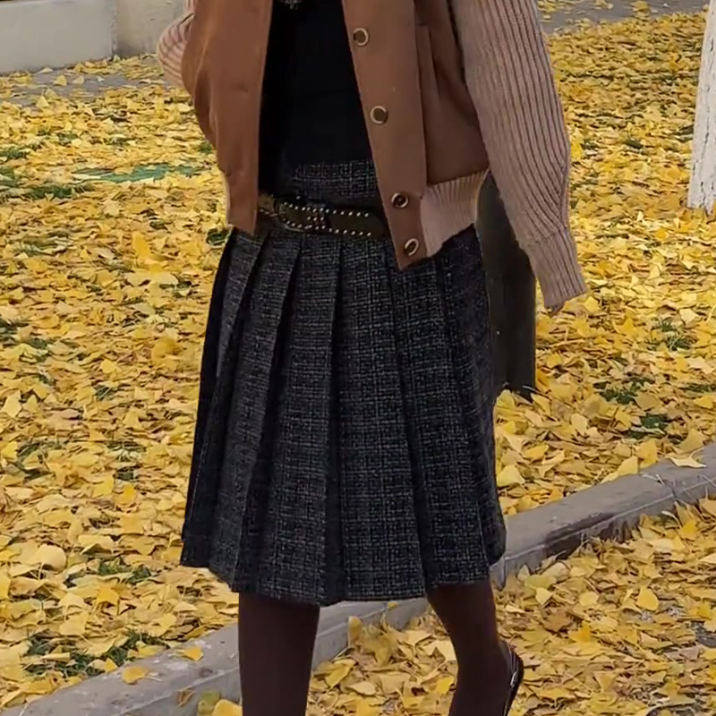 高端定制深灰色毛呢大码半身裙女