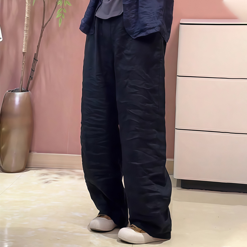 显瘦减龄黑色薄款苎麻垂感阔腿裤