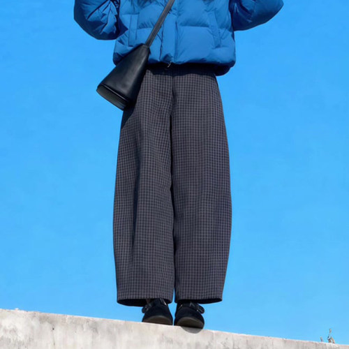 高端定制灰色毛呢大码格纹阔腿裤