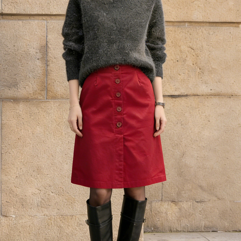欧货高端定制红色棉麻大码半身裙女2026早春新款高腰单排扣A字裙,女装/女士精品,大码半身裙,淘宝优惠券,粉丝福利购,淘宝优惠卷