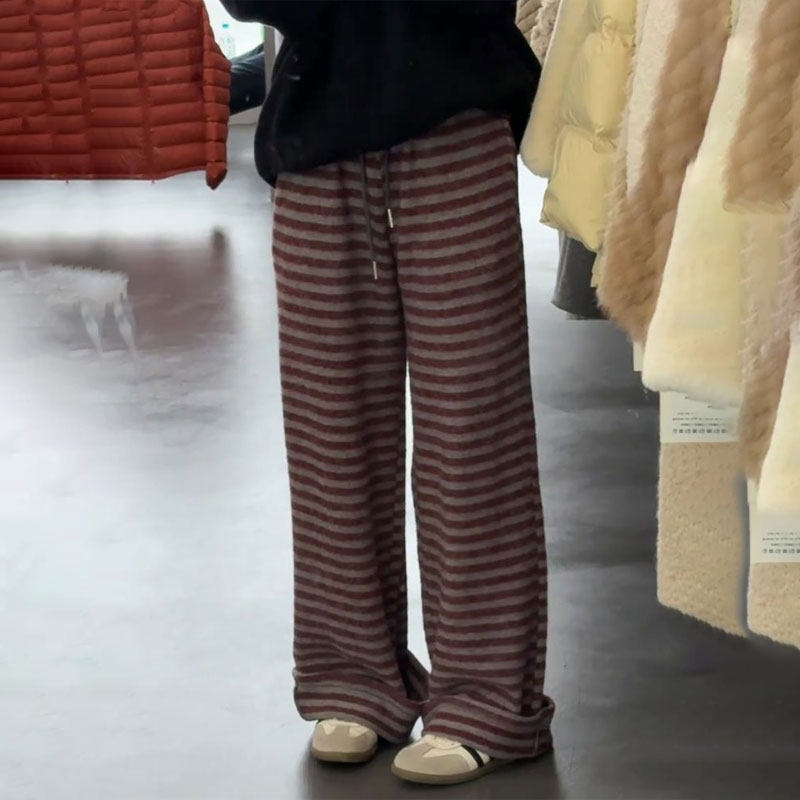 高端定制棕色条纹大码阔腿裤女