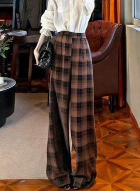欧货高端定制橙色格纹大码阔腿裤女2025冬季新款加厚慵懒风休闲裤