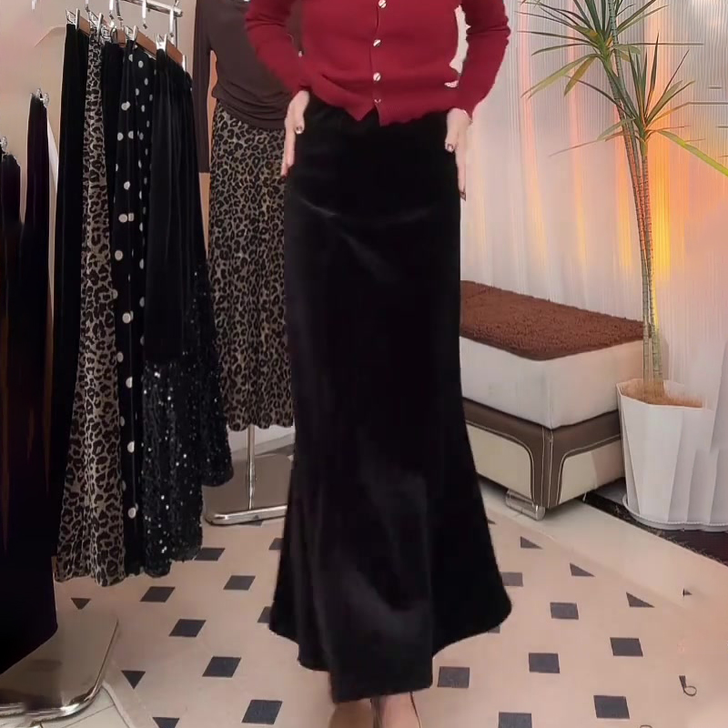 欧货高端定制黑色丝绒大码半身裙