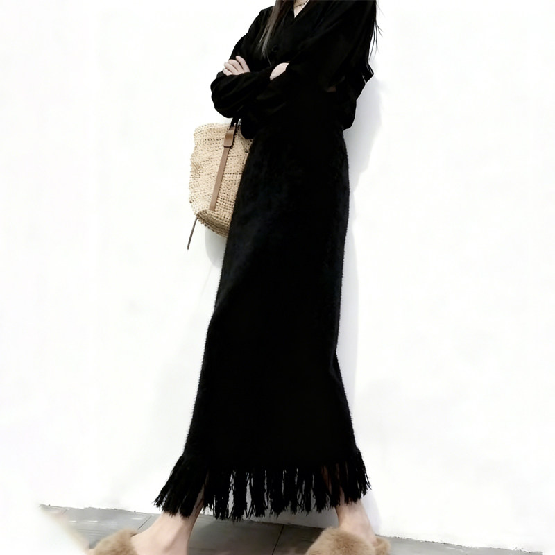 高端定制黑色流苏边大码半身裙女