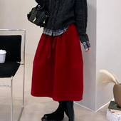 新款 欧货高端定制红色毛呢大码 半身裙女2025冬季 加厚气质花苞裙子