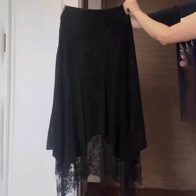 欧货高端黑色不规则蕾丝麂皮绒裙