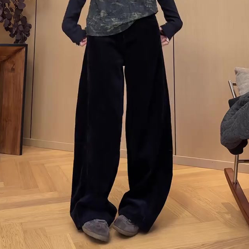 欧货高端定制黑色灯芯绒阔腿裤女