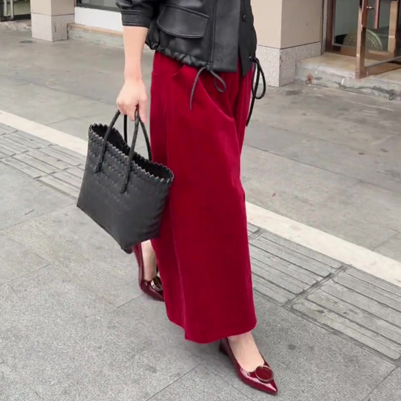 欧货高端定制红色大码复古阔腿裤