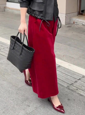 欧货高端定制红色大码复古阔腿裤女2025秋冬季新款加厚气质休闲裤
