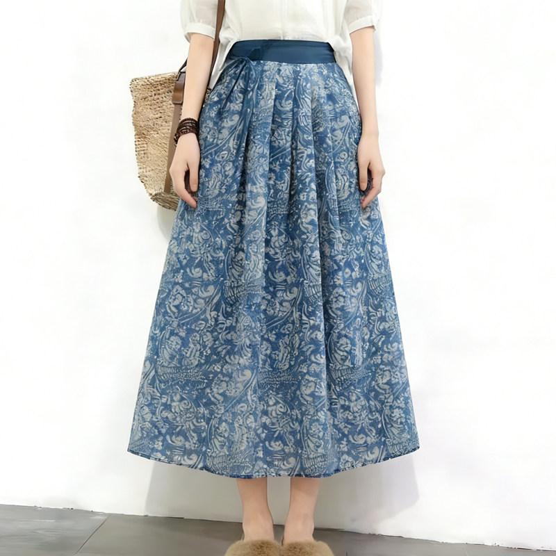 欧货高端定制蓝色棉麻大码半身裙女2026早春新款新中式轻熟A字裙,女装/女士精品,大码半身裙,淘宝优惠券,粉丝福利购,淘宝优惠卷