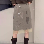 新款 高端定制灰色亮片大码 半身裙女2025冬季 加厚纱网拼接A字中裙
