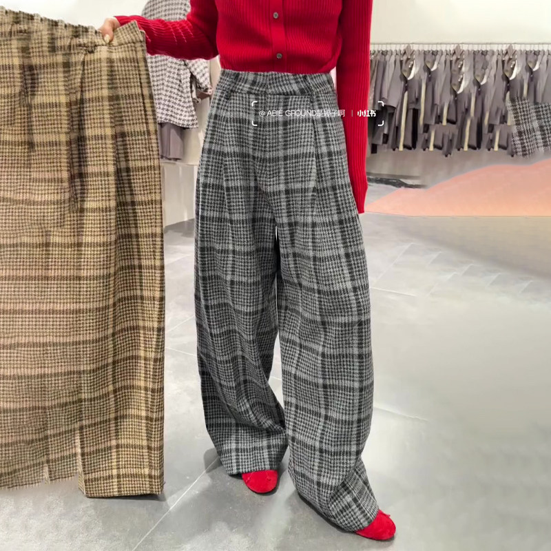 欧货高端定制灰色格纹大码阔腿裤女2025冬季新款加厚松弛感休闲裤,女装/女士精品,大码裤装,淘宝优惠券,粉丝福利购,淘宝优惠卷