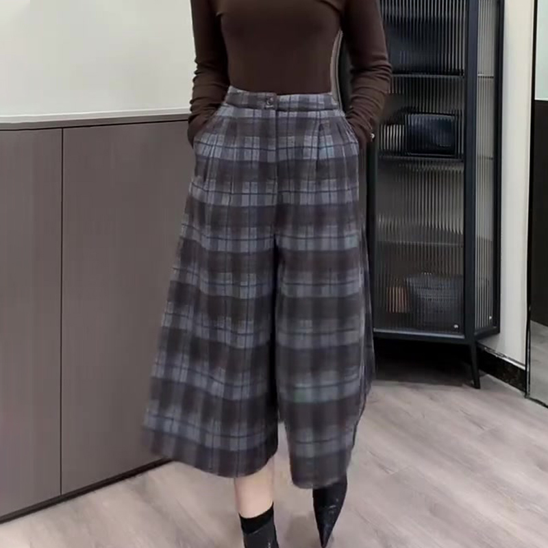 定制灰棕色毛呢大码格纹阔腿裤女